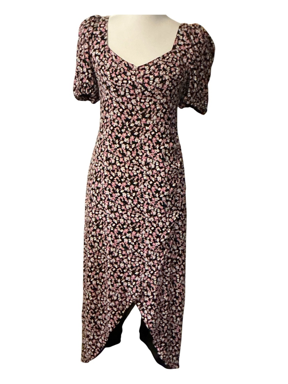 Floral Puff-Sleeve Midi Dress - Pink on Black